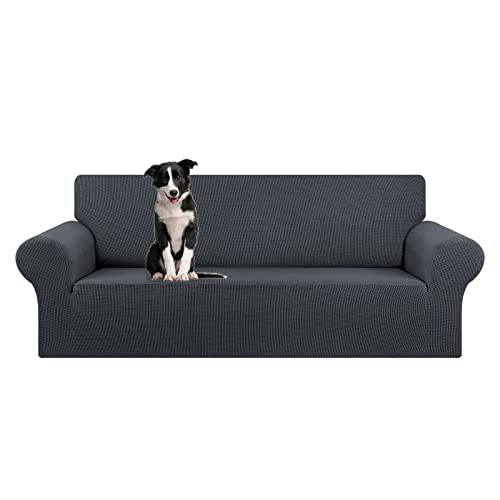 KEKUOU Stretch Oversized Sofa Slipcover 1 Piece Couch Sofa Cover (94"-110") Furniture Protector 4 Seater Sofa with Elastic Bottom for Kids,Pet.Jacquard Checked Pattern Fabric(X Large,Charcoal)
