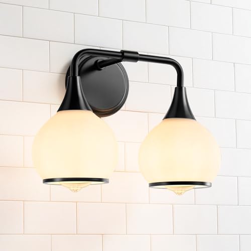 Image of Black Bathroom Light Fixtures 2 Lights Vanity Lights with Milky White Frosted Glass Shade Bathroom Vanity Light 14 inch Wall Sconce Lighting Bath(Exclude E26 Bulb)