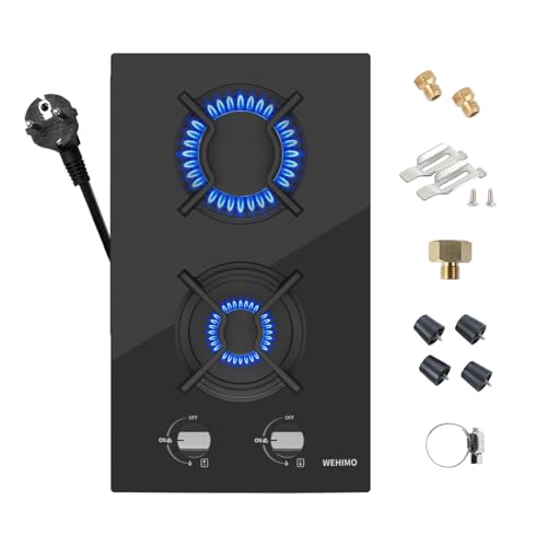 WEHIMO Plaque de cuisson au gaz à 2 feux, en verre, encastrable, 30 cm, 3700 W, 2 zones de cuisson (2700 W + 1000 W), Domino pour gaz propane et gaz naturel,...