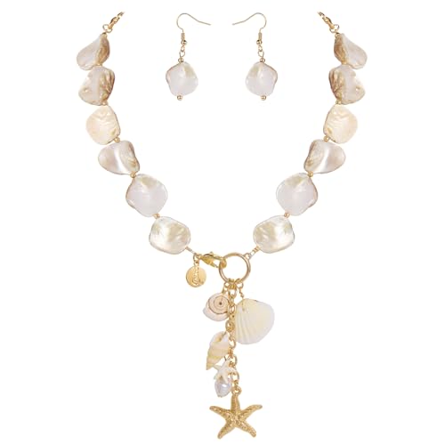 Coiris Natural Seashell Choker Necklaces Earrings Jewelry Set for Women Starfish Shell Freshwater Pearl Collar Necklaces for Women Irregular Mother of Pearl Jewelry Set