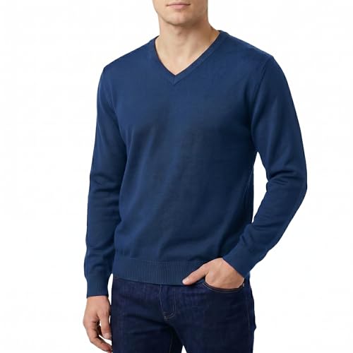 Castle Point Pull Homme 100% Coton Léger – Pull Tricot Col Rond ou Col V, Pull Homme Coton Respirant, Pull Léger Décontracté et Bureau (Denim, L)