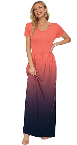 Image of AUSELILY Women's Summer Short Sleeve Loose Plain Casual Long Maxi Dresses | Year Round wear solid floral print, Casual wear, Empire waist, Floor length, Side pockets