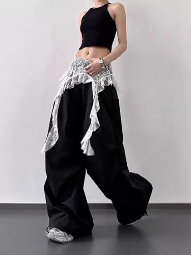 Y2k Vintage Cute Lace Patchwork Letter Print Cargo Pants Hiphop Wide Leg Joggers Preppy Sweet Loose Casual Trousers3