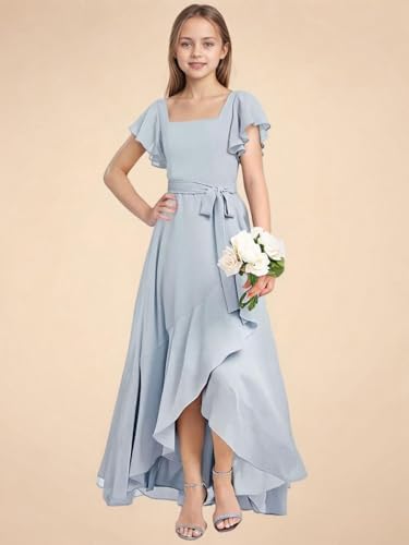 dideyttawl Long Junior Bridesmaid Dresses Ruffle Sleeve Square Neck Chiffon Flower Girl Dress for Wedding 25074