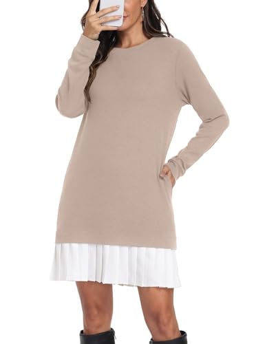 PrinStory Damen Kleider Strickkleid Damen Winter Langarm Winterkleid Mit Taschen Casual Komfortabel Kleid (Apricot, S)