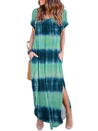 HUSKARY Women's Summer Maxi Dress Casual Loose Pockets Long Dress Short Sleeve Split -Tie Dye
