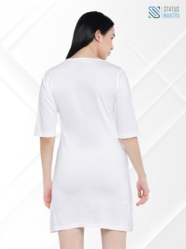 Image of STATUS MANTRA Women's Long T-Shirt Dress - Cotton Casual Knee Length Dress with 3 /4 Sleeves | Soft Bio-Washed Fabric, Crew Neck, Relaxed Fit | Comfy Summer Lounge Wear