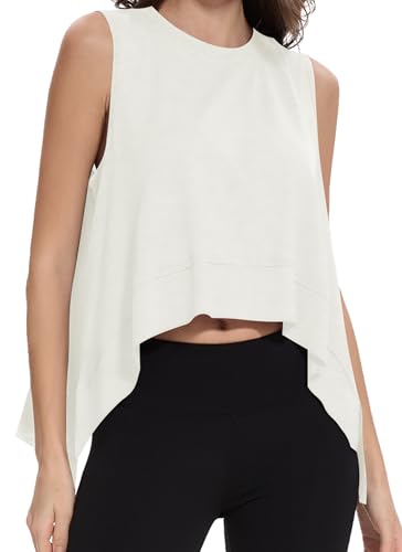LOZ Women's Summer Casual Round Neck Tops White Loose Fit Crop Tank Oversized Athletic Sleeveless Tees Yoga Gym Workout T Shirts