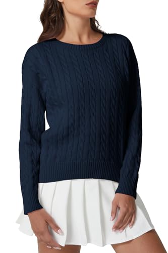 QINSEN Women's Casual Cable Knit Crew Neck Sweater Long Sleeve Loose Fit Pullover Top for Fall and...