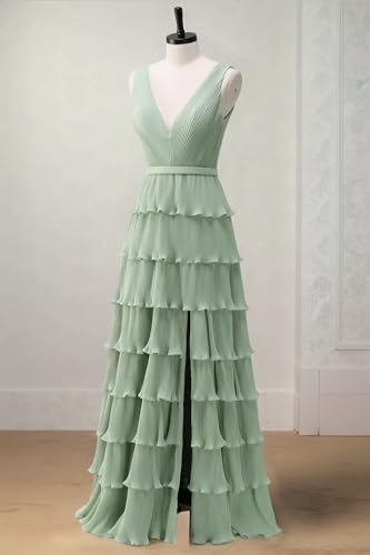 Women's Bridesmaid Dresses Long Pleated V Neck Chiffon A Line Tiered Formal Maxi Gowns 10263
