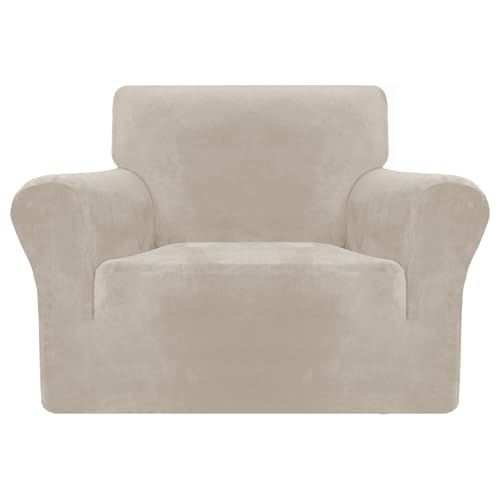 MAXIJIN - MAXIJIN Thick Velvet Couch Covers for Armchairs Super Stretch Non Slip Sofa Cover 1 Seater Dogs Cat Pet Living Room 1 Piece Elastic Couch Protector Chair Slipcover with Arms (Chair, Khaki)
