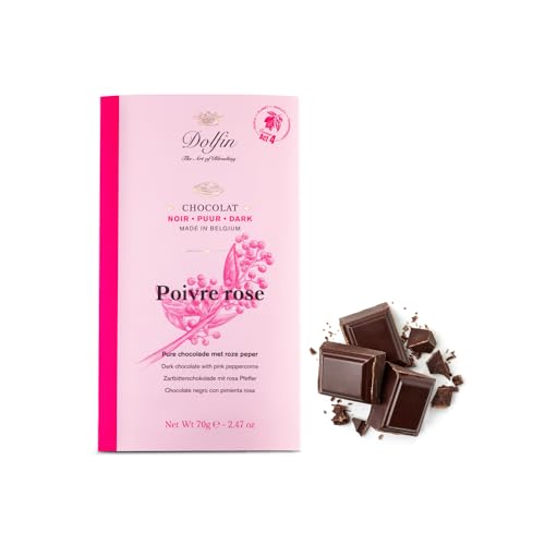 Dolfin® | 60 % dunkle Schokolade und rosa Pfeffer | 60 % Kakaoriegel mit rosa Pfeffer – 1 x 70 g | Dunkler Schokoladensnack