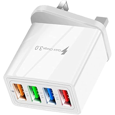 USB Plug Charger UK, 4-Port USB Fast Charger Plug with Smart Fast Charge 3.0 Wall Charger for iPhone 11 12 Pro Max XR 8 7 6s,Samsung S21 S20 S10 S9 S8 Cover