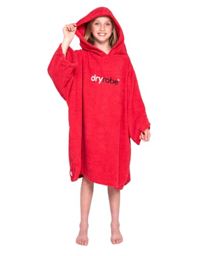 Dryrobe Towel Swim Robe - Hooded Surf Poncho Changing Robe - Organic Cotton - for Swimming, Beach, Surfing - Short Sleeve- (Medium-Red)