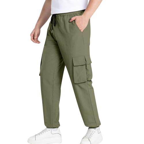 Summer Cargo Pants for Men Ice Silk 4 Sided Elastic Work Pants Multiple Pockets Breathable Quick Drying Trousers