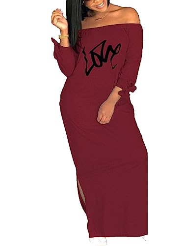 Image of Women's Casual Off Shoulder Maxi Dress - African Print Summer Loose Long Sleeve Tunic T Shirt Dresses with Pockets