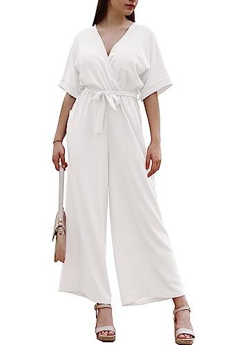 Laphilo Mono largo de mujer con cuello en V y pernera ancha con cinturón casual elegante de verano cod.7213, blanco, XL