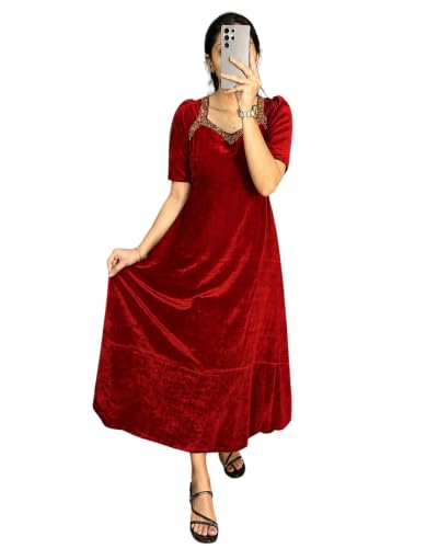 Image of Women Velvet Gown, Full Length, Puff Sleeves, Embellished Neckline, Wedding & Festive Occasion