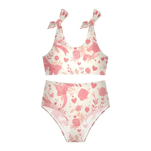 Pink Pattern with Ribbons Kisses and Flowers Girls' 2 Piecing Bikini Set Beach Bathing Suit Swimwear Adjustable Shoulder3