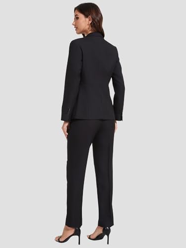 Women's 2 Piece Suit One Button Slim Fit Linen Casual Blazers Office Work Formal Blazer Suit Pants Set Black3