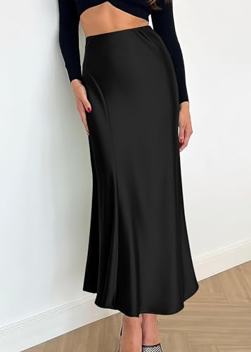 Image of KIRUNDO Women's Satin Maxi Skirt 2026 Summer Fall Trendy High Waisted Wedding Cocktail Party Work Silk A-Line Formal Skirts