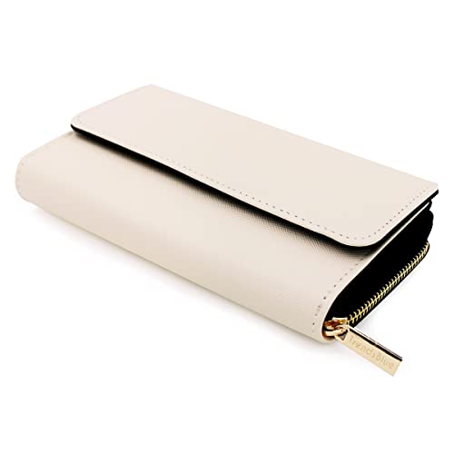 Premium Saffiano Vegan PU Leather Flap Wallet Zip Around Clutch Phone Organizer