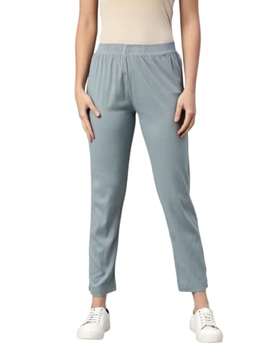 Image of MINELLI Women Solid Cigar Pants, Cotton Lycra Slub Fabric, Elasticated Waistband, Pull On Style, Regular Fit Bottom Wear for Western and Ethnic Wear