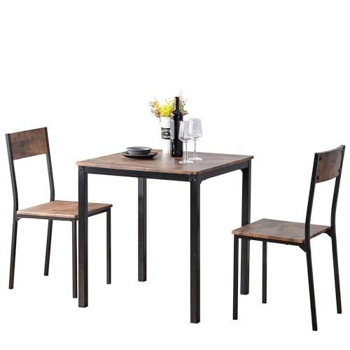 Mesa de comedor cuadrada de 70 cm de lado con 2 sillas de estructura metálica industrial café 2