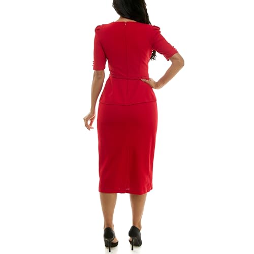 Women's Elbow Sleeve Belted Boucle Peplum Pencil Sheath Midi Dress4
