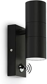 Kerry Outdoor Wall Lights, Up and Down Lamp with Motion Sensor, IP44 Black Stainless Steel Outside Lighting Mains Powered Fixtures, PIR Detector External Wall Sconce for Front Door, Porch, Garden