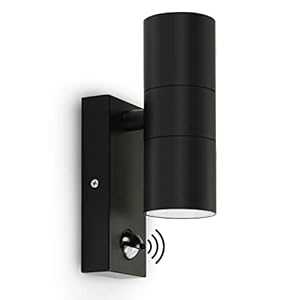 Kerry Outdoor Wall Lights, Up and Down Lamp with Motion Sensor, IP44 Black Stainless Steel Outside Lighting Mains Powered Fixtures, PIR Detector External Wall Sconce for Front Door, Porch, Garden