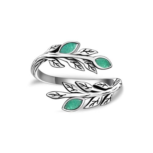 Green Aventurine Olive Leaf Ring - 925 Sterling Silver Peaceful Adjustable Nature leaves Wrap Ring Olive Jewelry Gifts for Women Wedding Engagement