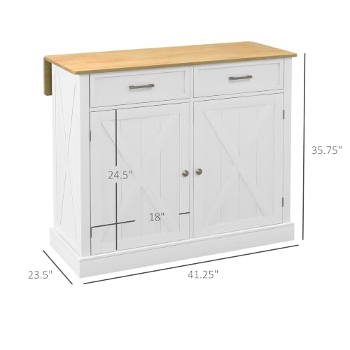 Rolling Kitchen Island with Drop Leaf Wood Breakfast Bar, White