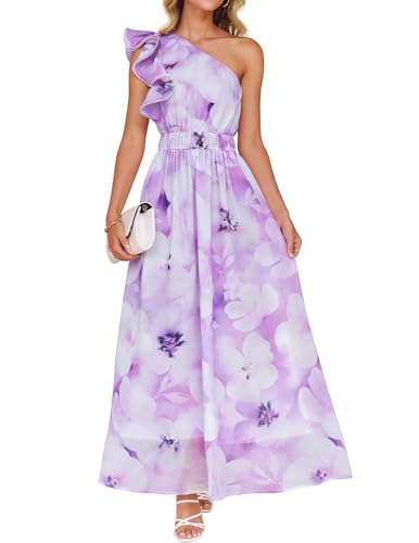 Image of ZESICA Women's 2026 Summer Floral Sleeveless Maxi Dress | One Shoulder, Sleeveless, Ruffle, High Waist, Beach Wedding Guest, Vacation, Graduation, Bridal Shower, Boho Long Dresses