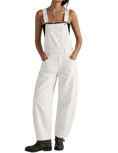 luvamia White Jumpsuit Woman Denim Overalls for Women One Piece Jumpsuits Womens Bib Comfy Overalls Loose Fit Casual Overall for Women Baggy Jean Overall Cream White Size Large Fits US 12-14