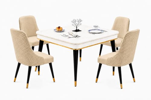 Image of WOODEN SPACE 4 Seater Wooden Dining Table Set | Urban Marble Top Dining Table with Chairs for Dining Room & Kitchen (Modern Vento Beige) (42 x 42 x 30 inch)