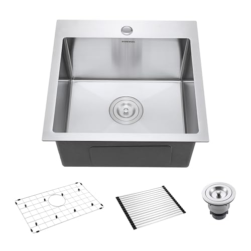18-Inch Bar Sink Drop-In, SINKVINE Stainless Steel Kitchen Sink for Laundry Outdoor, RV, Top Mounted with Deep Single Bowl, 3.5" Drain Strainer, Bottom Rise Grid, Roll-up Drying Unit, 18 x 18 inch