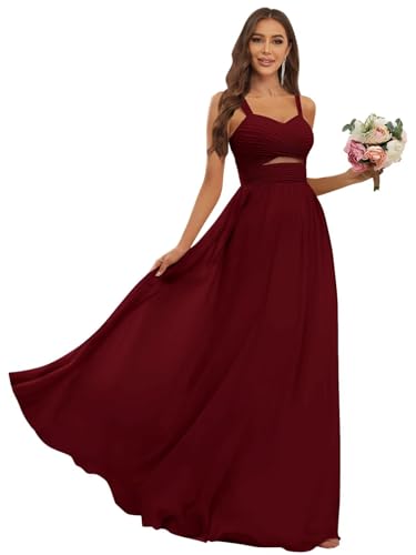 Image of JKMMYO Chiffon Bridesmaid Dresses for Women Long Empire Waist Pleated Formal Wedding Guest Gown