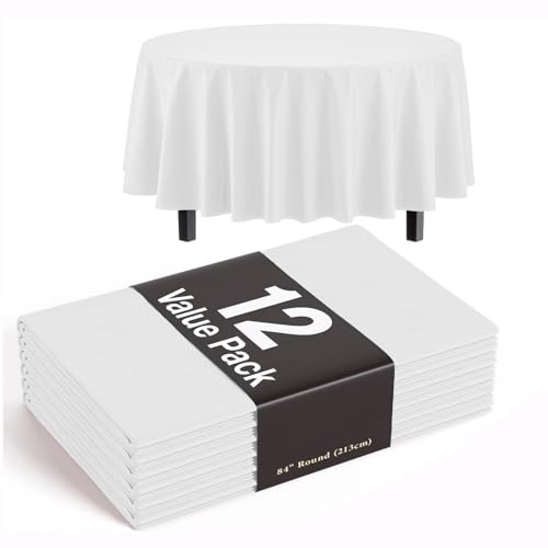 Exquisite 12-Pack Plastic Tablecloth 84 inch Round Value Pack Plastic Table Cover - White