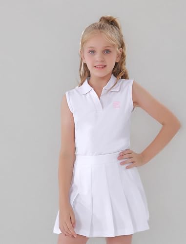 Image of EXARUS Girls Golf Polo Tennis Shirts Sleeveless Kids V-Neck Tank Tops | Equestrian UPF 50+ Quick Dry Clothes