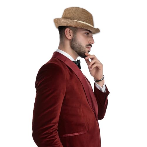 Image of Short Brim Straw Fedora Hat Sun Protection Panama Hat Packable Jazz Beach Cap Roll Up Trilby Cap for Men Women