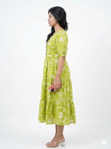 Image of Women's Cotton Floral Leaf Print Tiered Midi Dress - Square Neck, Short Sleeve A-Line Smock Dress for Casual Summer & Vacation Wear