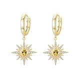 REDSUN Pendientes de aro con forma de estrella de ocho puntas, plata de ley 925, chapados en oro con circonitas, para mujer, con piedra natal de noviembre, elegante, regalo para mujeres