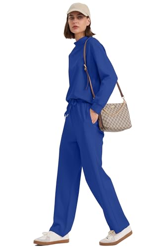 Image of WIHOLL Two Piece Sets for Women Fall Outfits Lounge Sets Mock Neck Tops Wide Leg Pants Vacation Travel Airport Outfits