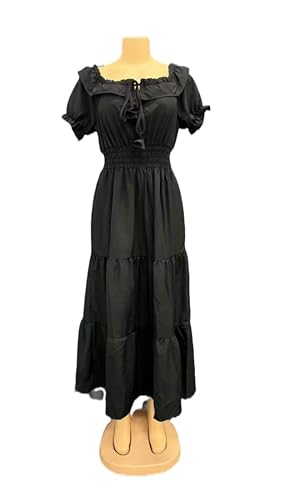 Vestido con Vuelo y Mangas abullonadas sin Tirantes con Lazo de Loto Negro - XL