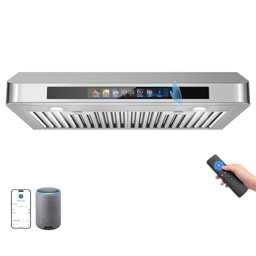 Image of Tieasy Under Cabinet Range Hood 30 Inch, 900 CFM Smart Kitchen Hood with Dual Motors, Color Display, 4-Speed Vent Hood, Voice /Gesture /Remote /Touch Control, Memory Function, LED Lights, Stainless Steel