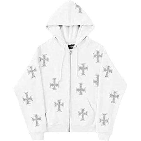 Women's Jacket Zip Hoodie Rhinestone Cross Print Oversized Hoodie Y2k Men's Fashion Sweatshirt Couple Punk Sports Jacket Hip Hop Jogger Sweatshirt (White,M) Cover