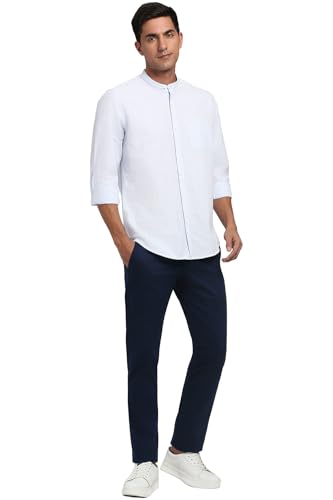 Image of Peter England Men's Casual Mandarin Collar Slim fit Full Sleeve Shirt in 100% Cotton Seersucker with Striped Design
