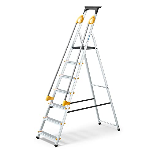 HOSTRÖM Escabeau 7 marches DURAMP sécurisé avec rampes, Tablette Porte-Outils, marchepied Pliable Aluminium, Hauteur Plateforme 140cm, Garantie 5 Ans
