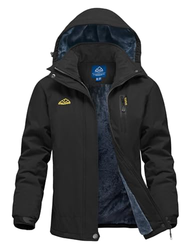 donhobo Damen Outdoor Winterjacke Winddichte Wasserdicht Softshell Jacke Warm Fleece Skijacke Funktionsjacke mit Abnehmbarer Kapuze, Schwarz, L